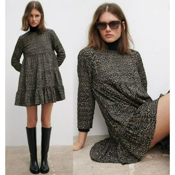 2/$30 Zara Grey Leopard Animal Print Ruffle Trim Mini Dress Size XS - Picture 3 of 11